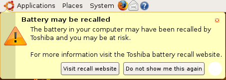 Toshiba battery recall pop-up